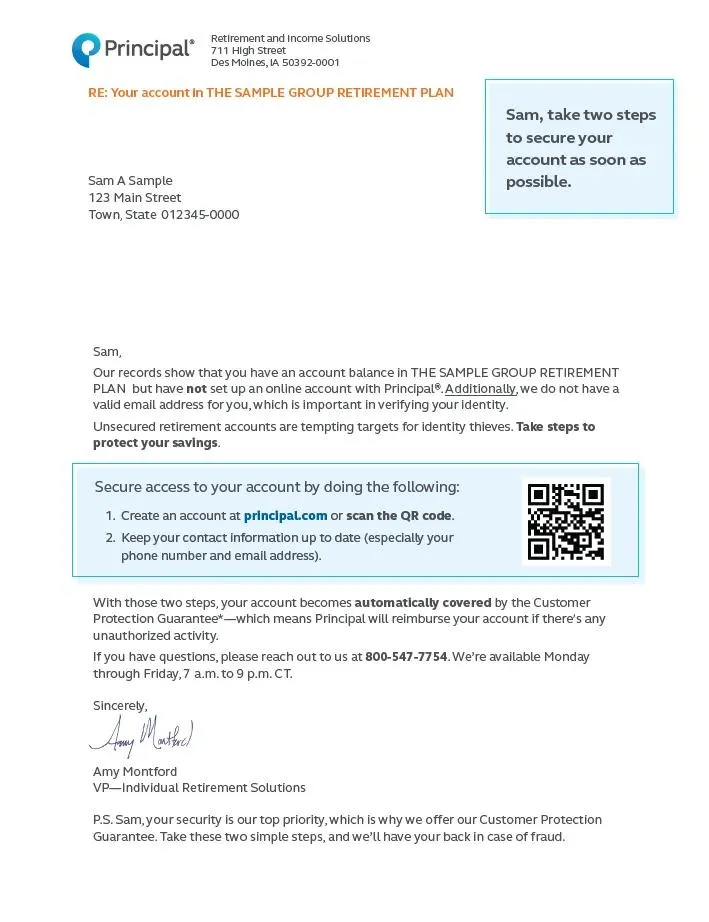 Sample account security letter a participant receives when they have an account balance but haven't set up an online account.